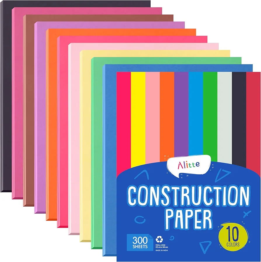 Alitte Construction Paper Assorted Colors - (300 Sheets, 9x12), Craft Paper, 10 Bright Colors - Bulk Pack Arts & Crafts Projects - Colored Paper For Preschool, Home, And Classroom Supplies