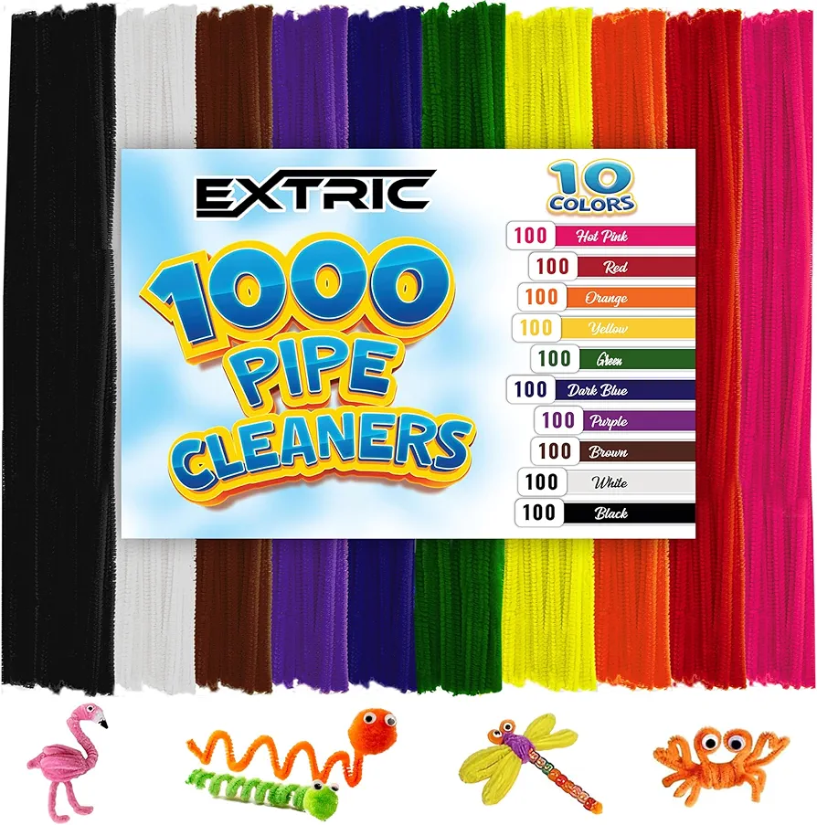 Pipe Cleaners- 1000 Pc. Pipe Cleaner 10 Assorted Colors Chenille Stems, Pipe Cleaners Craft, Fuzzy Sticks Great Craft Supplies DIY Art & Craft Projects| 6mm x12 inch