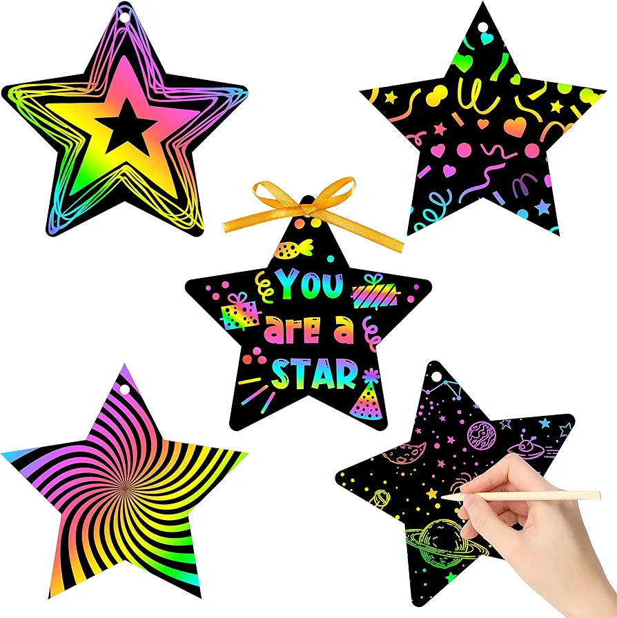 WATINC 60pcs Star Scratch Cards for Magic Color Craft Kit DIY Paper Art Scratch Star Ornament for Kids School Classroom Party Favor Supplies Decorations