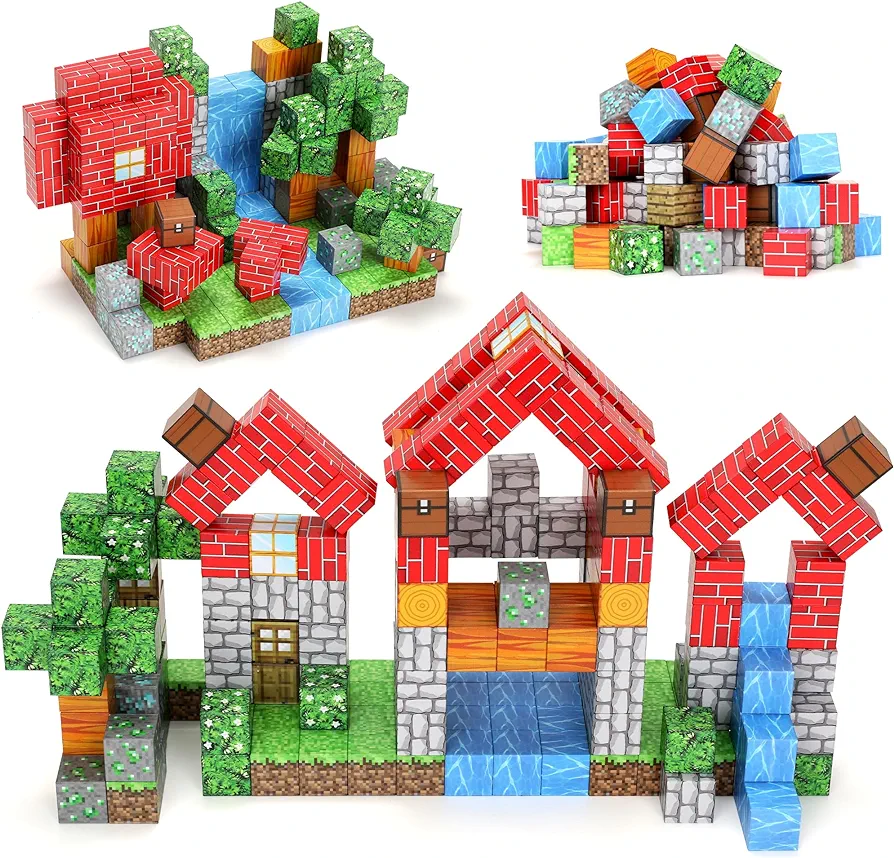 102PCS Magnetic Blocks World Set for Kids - Pixel Magnet Building Blocks Toys for Kids Age 3+, Miner Forest Education Sensory Games - Birthday Gift for Boys Girls