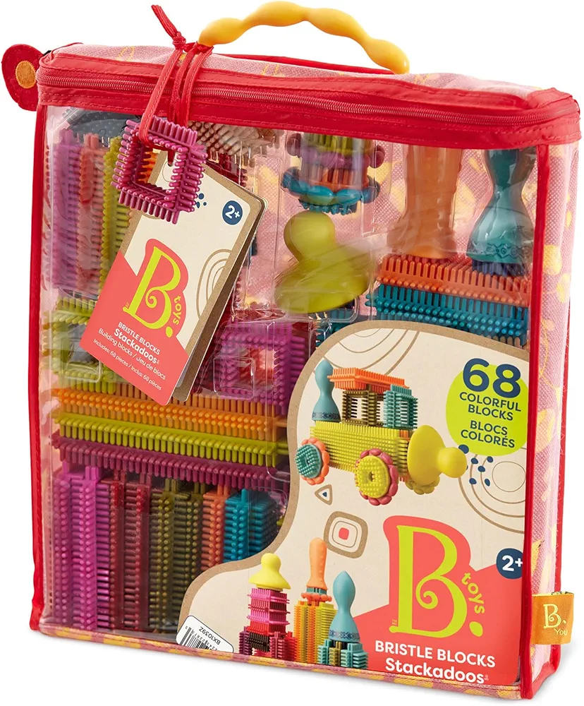 B. toys- Bristle Block Stackadoos - Building Blocks for Kids – Developmenal Toy-68 Blocks in a Storage Pouch – STEM Toys – Soft & Interlocking – Bristle Block Stackadoos – 2 years +