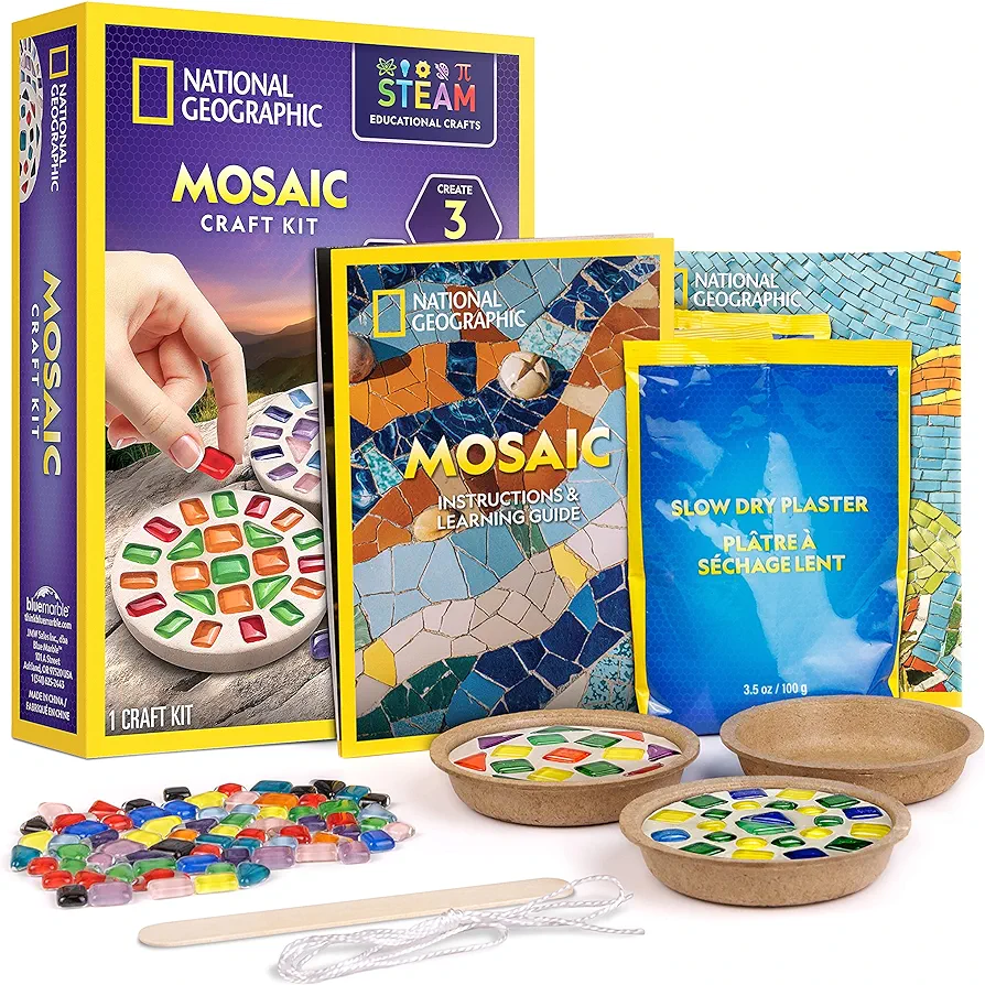 NATIONAL GEOGRAPHIC Mosaic Arts and Crafts Kit for Kids - Mosaic Kit for Creating 3 Glass Tile Mosaic Art Projects, includes Glass Tiles, Templates, Plaster & More, Art Supplies, Mosaic Kits for Kids