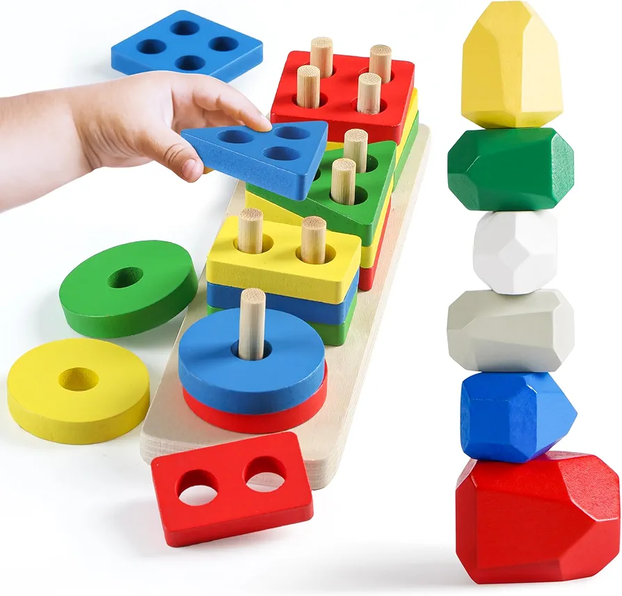 Wooden Sorting & Stacking Rocks Stones Toys for Toddlers Kids,Shape Sorter Montessori Toys for 1 2 3 4 5 6 Years Old,Building Blocks Game for Kids Preschool Learning Toy