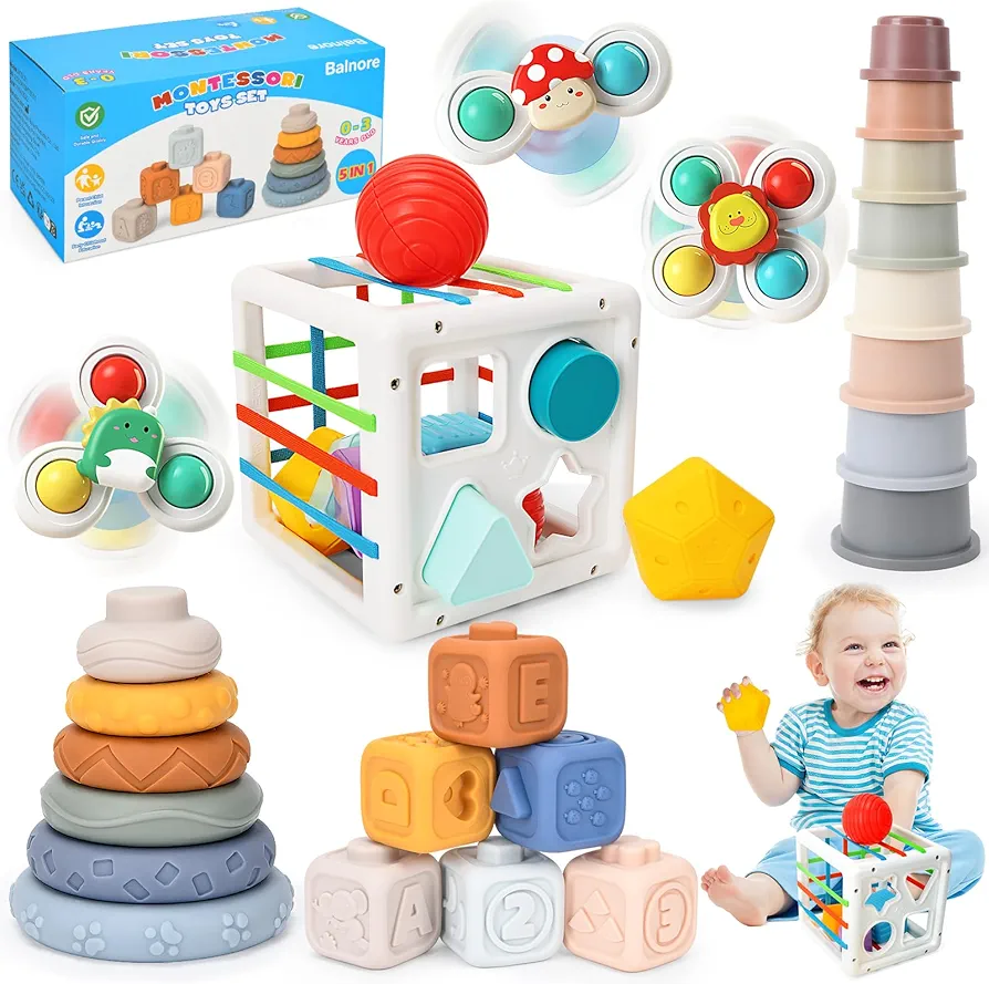 Balnore 5 in 1 Baby Toys 6 to 12 Months, Montessori Baby Toys for 6+ Month Old, Suction Cup Spinner Toys for Babies, Stacking Blocks & Stacking Cups & Sensory Toys for Toddlers 6+Month Old Gifts-32PCS