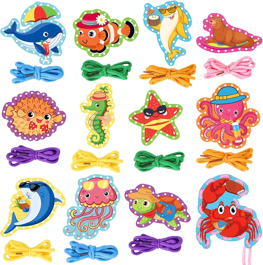 JarThenaAMCS 12Pcs Summer Sea Animals Lacing Cards Double-Sided Marine Animal Theme Cardboard Sewing Cards for Preschool Home Classroom DIY Craft Art Education Supplies