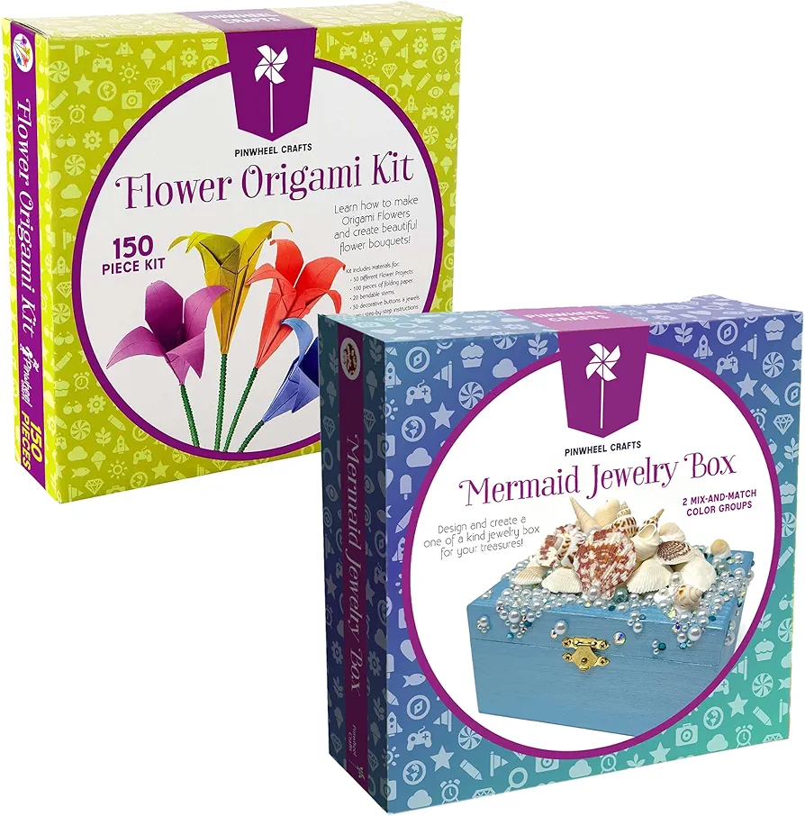 Kids Origami Paper Kit & Mermaid Jewelry Box Kit Bundle - Fun DIY Arts and Crafts Project for Kids Ages 6 7 8 9 10 11 12 - Great Gifts for All Occasion