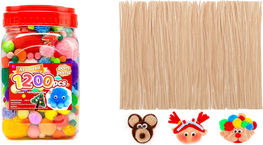 1200pcs pom poms+200pcs Skin Color Pipe Cleaners, Art and Craft Supplies