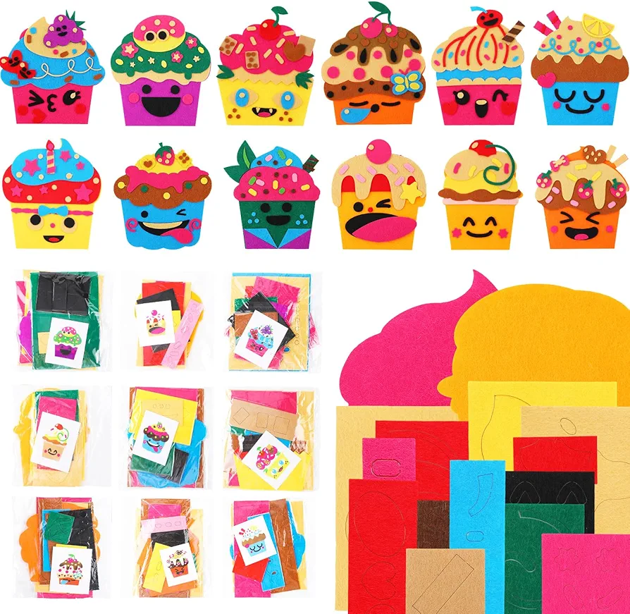 24 Pieces Cupcake Craft Kit for Kids Make-a-face Cupcake Craft Sweet Creative Your Own Cupcakes Stickers Cupcake Art Craft Projects for Kids Classroom Birthday Party Favor Supplies, 12 Styles