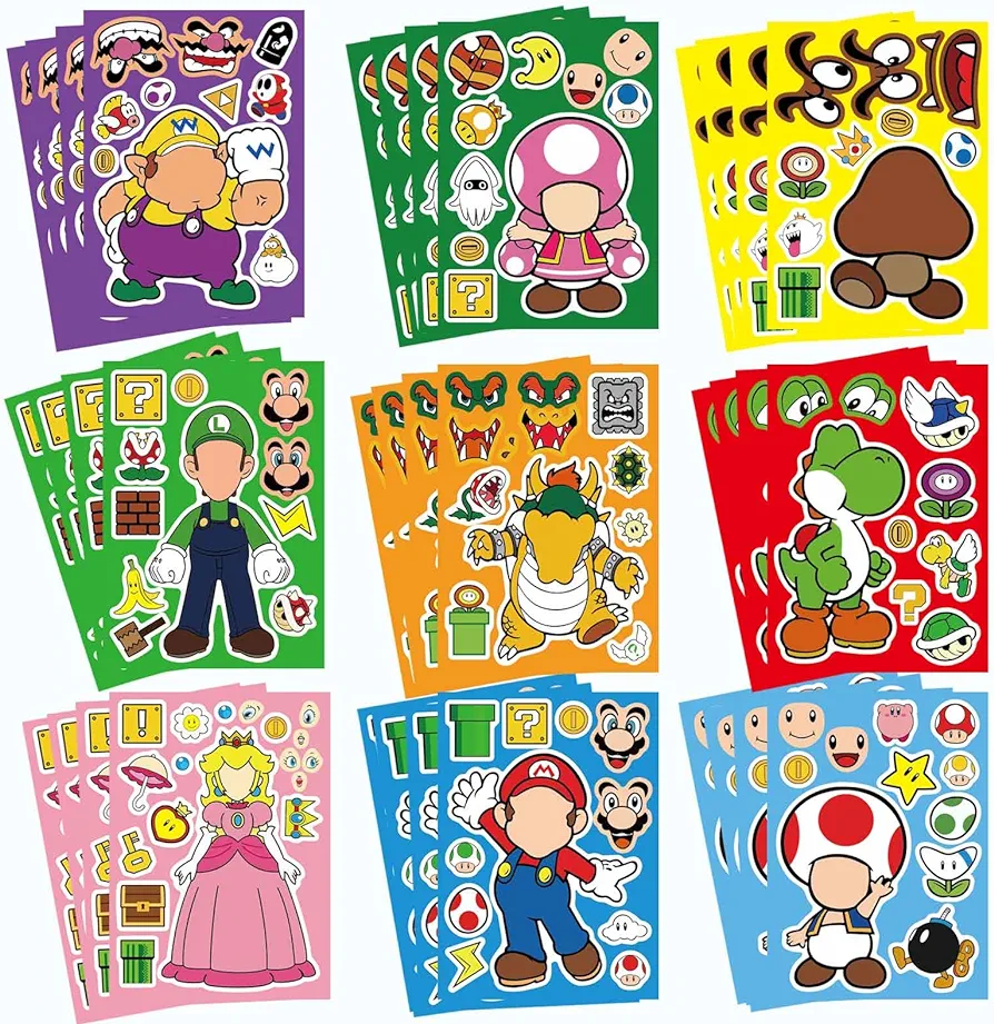 36 Sheets Mario Make a Face Stickers, Cartoon Book Crafts for Kids, DIY Party Supplies Favors Your Own Mixed and Matched with Different Designs Characters Birthday Gifts Class Reward Decor