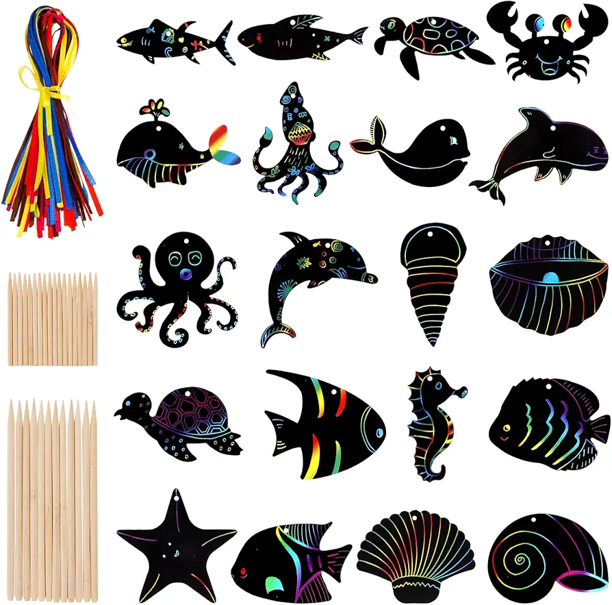 60 Pcs Sea Animals Scratch Cards Sea World Theme Scratch Cards Ocean Party Scratch Paper Art Rainbow Color Scratch Art with Wooden Styluses Ribbon for Kids DIY Art Craft Party Favors