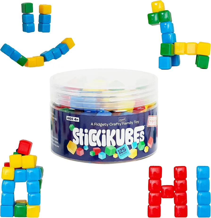 StickiKubes - Mini Stacking Cubes That Stick to Anything - 125 Cubes in 4 Colors - Plastic Tub - Non Toxic Kid Safe