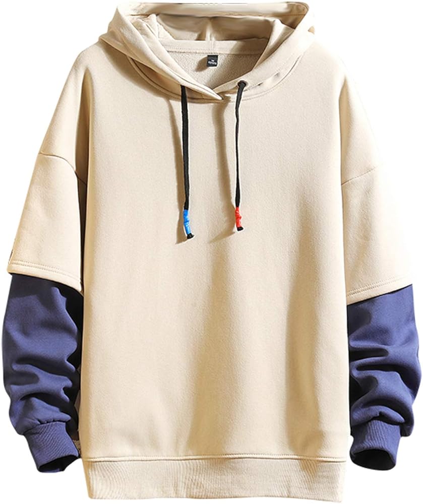 GURUNVANI Fashion Hoodies Men's Color Block Pullover O-Neck Hooded Sweatshirt Patchwork