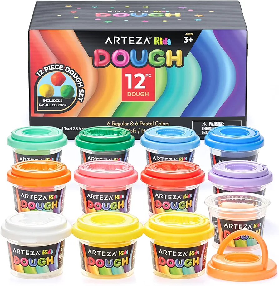 Arteza Kids Play Dough, 6 Pastel and 6 Regular Colors, 2.8-oz Tubs, Soft, Air-Tight Containers, Art Supplies for Kids Crafts and Playtime Activities