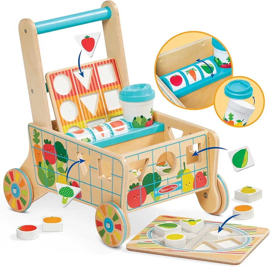 Melissa & Doug Wooden Shape Sorting Grocery Cart Push Toy and Puzzles - Pretend Play Grocery Toys, Sorting And Stacking Toys For Infants And Toddlers Ages 1+ - FSC-Certified Materials