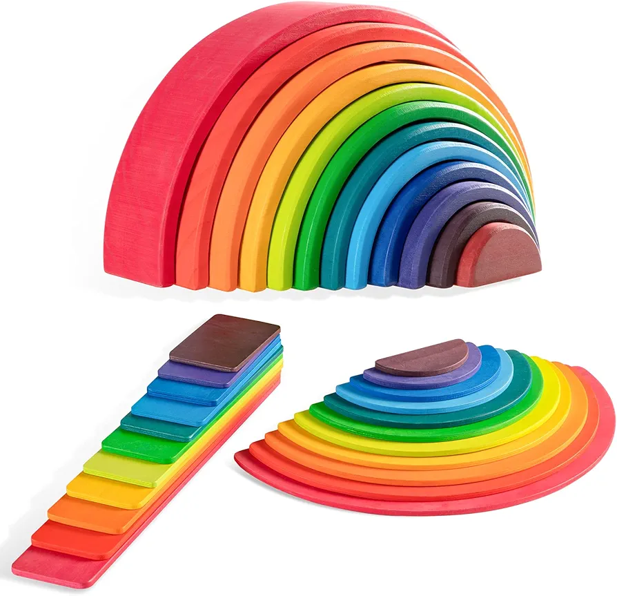 Wooden Rainbow Stacker Set - Rainbow Stacking Toy Set with Rainbow Stacker, Semicircle, Building Board - Waldorf Wooden Open Ended Stacking Toys - Great for as a Gift (A-Rainbow-3 Pack)