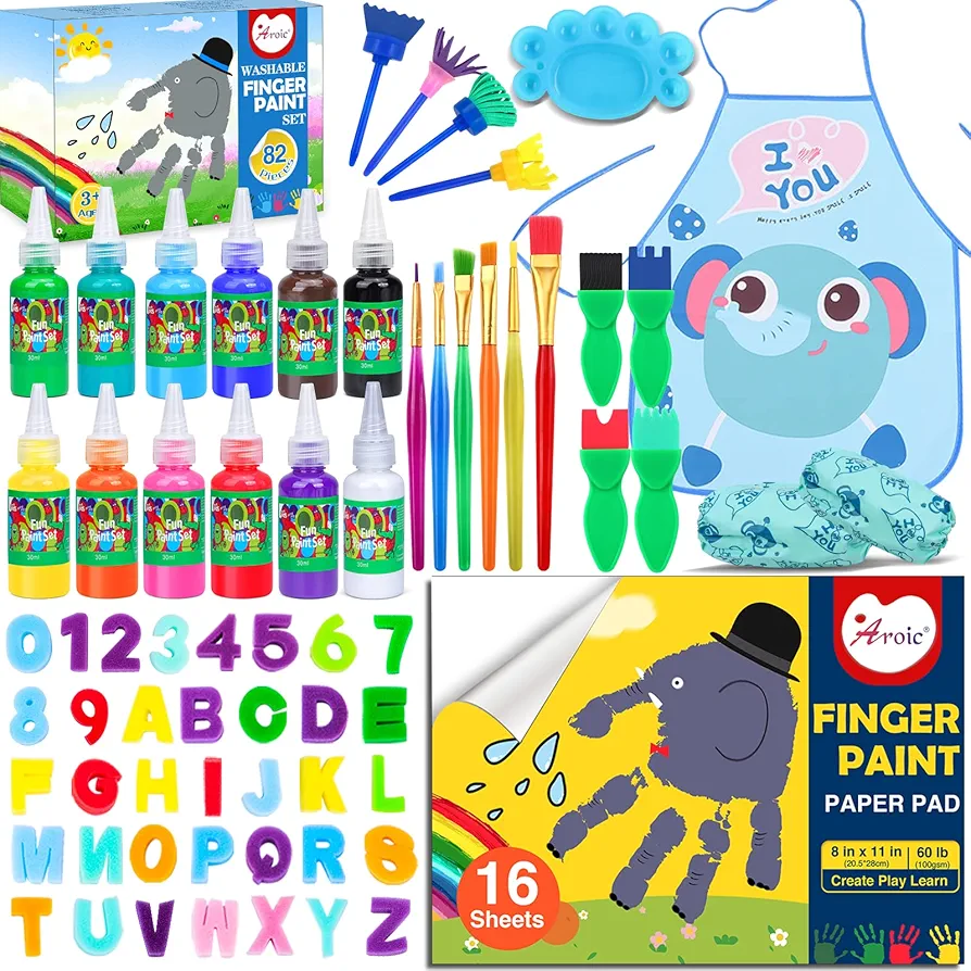 AROIC Washable Finger Paint set, 82 Pack Washable Kids Paint Set with 12 Color Finger Paints, Sponges, Paint Brushes, Waterproof Paint Apron, Palette Paper for Toddler, Drawing Gifts Age 3+