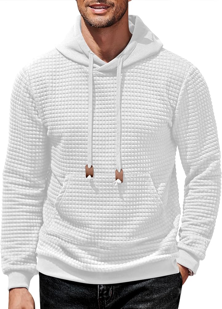 COOFANDY Men's Hooded Sweatshirt Long Sleeve Fashion Gym Athletic Hoodies Solid Plaid Jacquard Pullover with Pocket