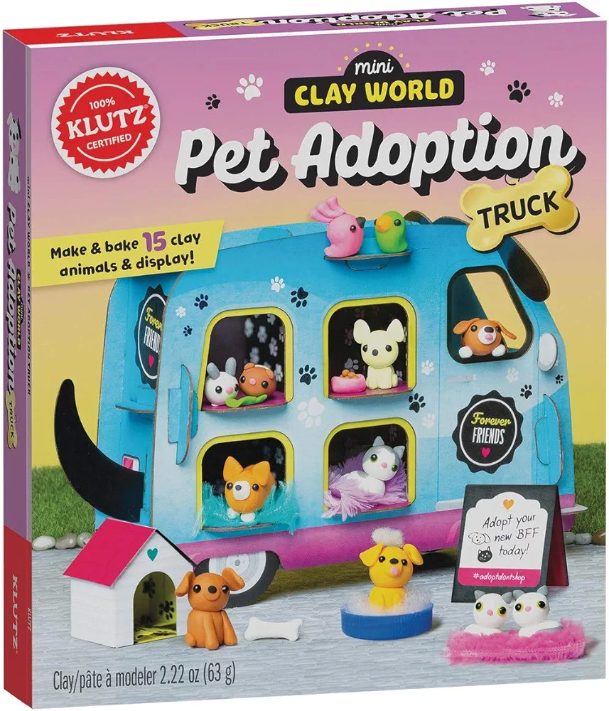 Klutz Mini Clay World Pet Adoption Truck Craft Kit for 8-12 years includes 8 punch-out sheets, 7 colors of oven-bake clay, faux fur blankets in 3 colors, 30 brads