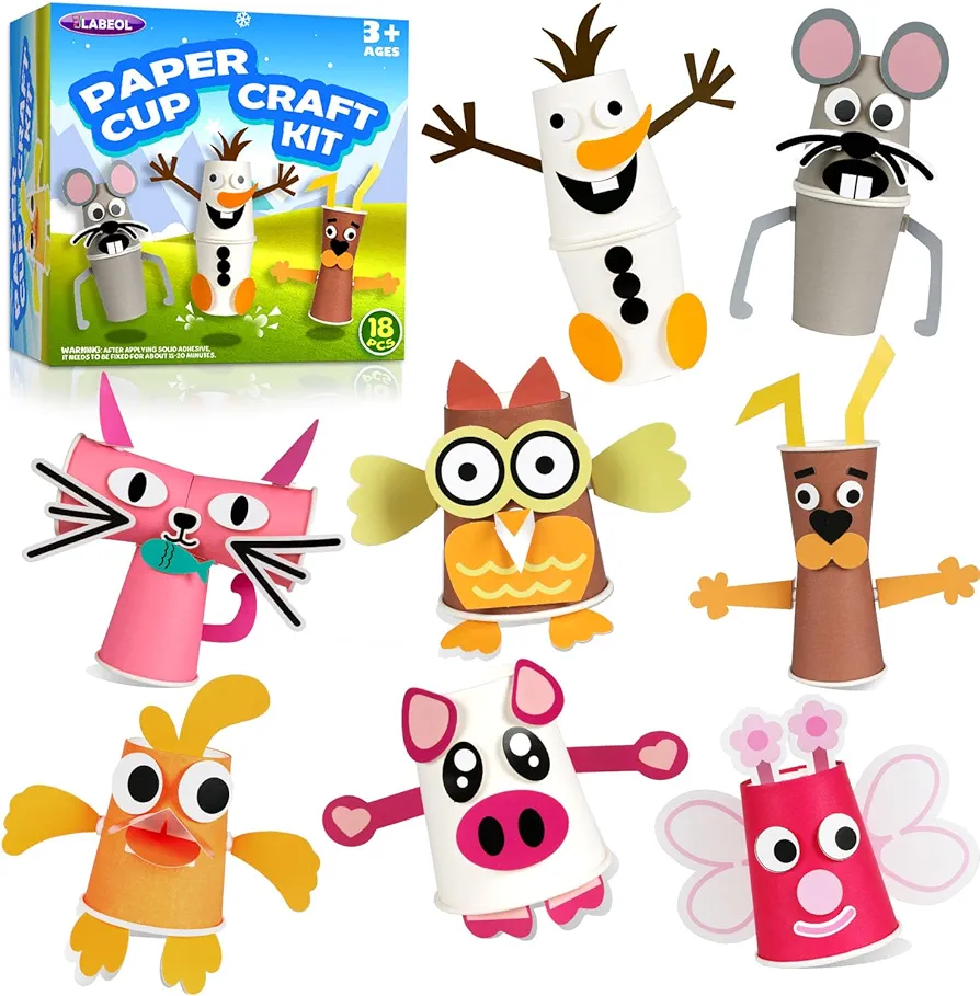 Labeol Arts and Crafts for Kids Ages 4-8, 18 Pack Make Your Own DIY Animal Paper Cup Craft Kits,Fun Crafts Kit for 4 5 6 7 8 Year Old Boys Girls