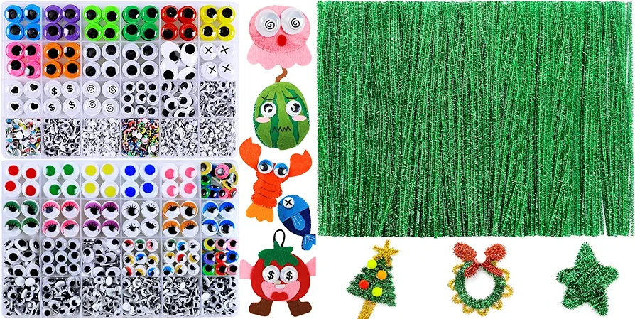 IOOLEEM 200pcs green glitter pipe cleaners + 2310pcs googly wiggle Eyes, art and craft supplies.