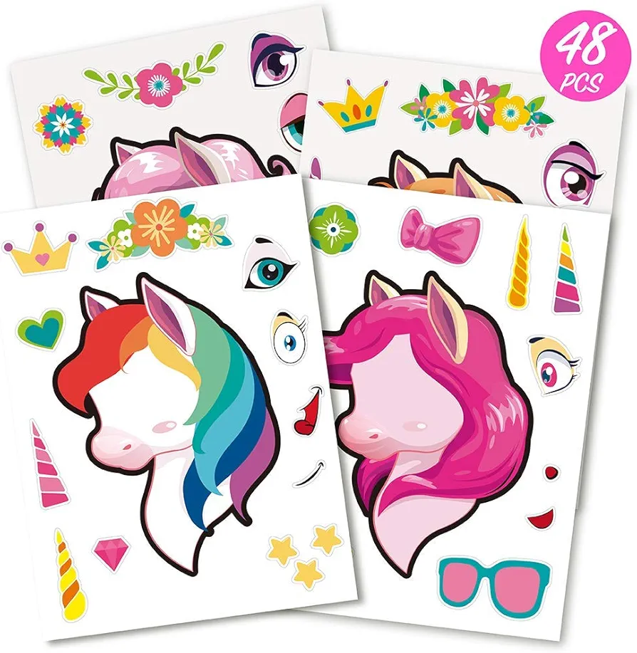 Mocoosy 48 PCS Make A Unicorn Stickers for Kids, Unicorn Party Favors for Girls 4-8, Make Your Own Face Stickers Art Craft Game Activities Goodie Bag Stuffers Birthday Party Supplies DIY Project 8-12