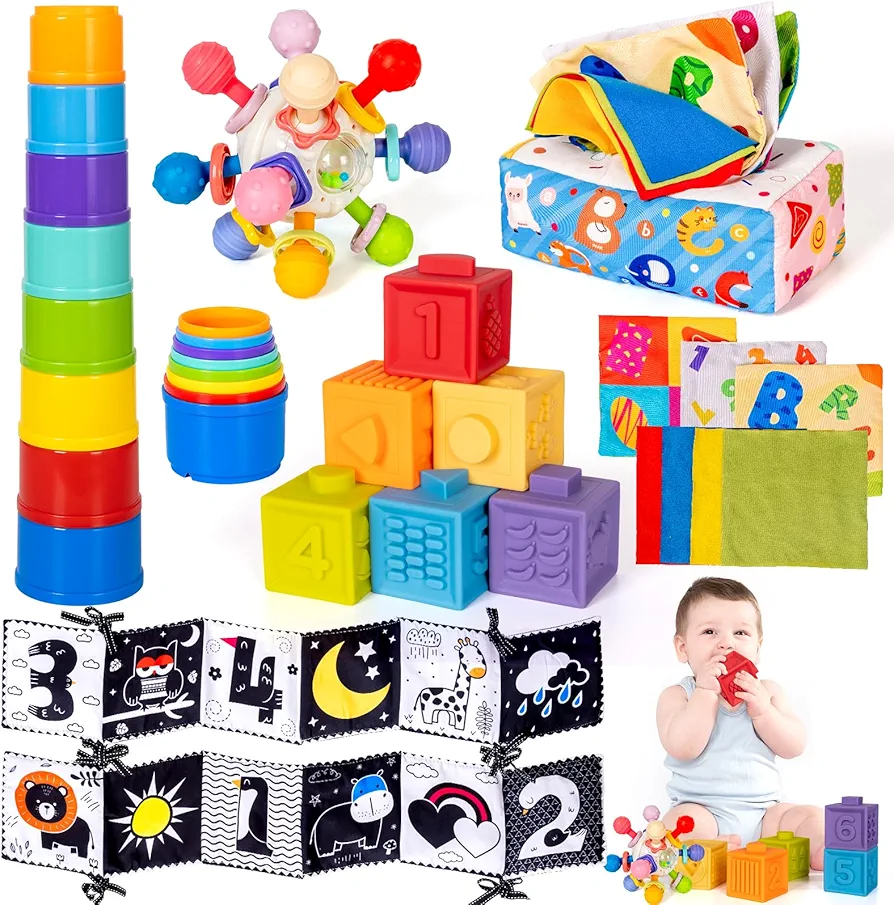 Montessori Toy for Babies 0–6–12 Months 5 in 1 Sensory Infant Toy Stacking Building Blocks Tissue Boxes Soft Baby Book Development Learning Teething Toy for Toddlers 1 2 3 Year Old Girl Boy Gift