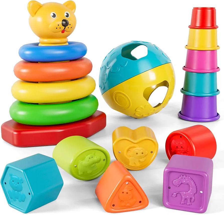 Baby Sorting Stacking Toys 6 to 12 Months - Infant Stacking Nesting Cups Toys, Block Ball, Animal Building Blocks Set, Baby Bath Toys for Toddlers Boys Girls Gifts 1 Year Old