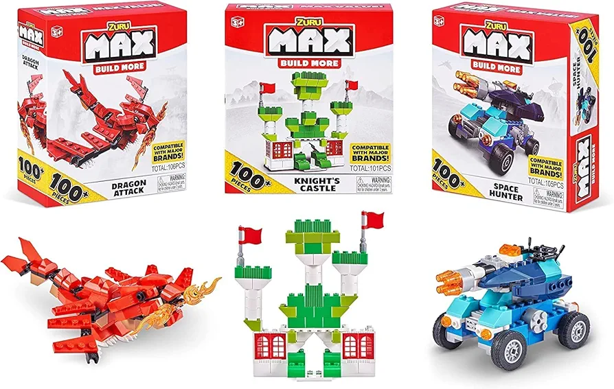 Construction Themed 100 Pc Brick Set (3 Pack) by ZURU Over 300+ Toy Building Blocks, 3 Models to Build, Dragon Attack, Green Castle, and Space Car (Compatible with Major Brands)