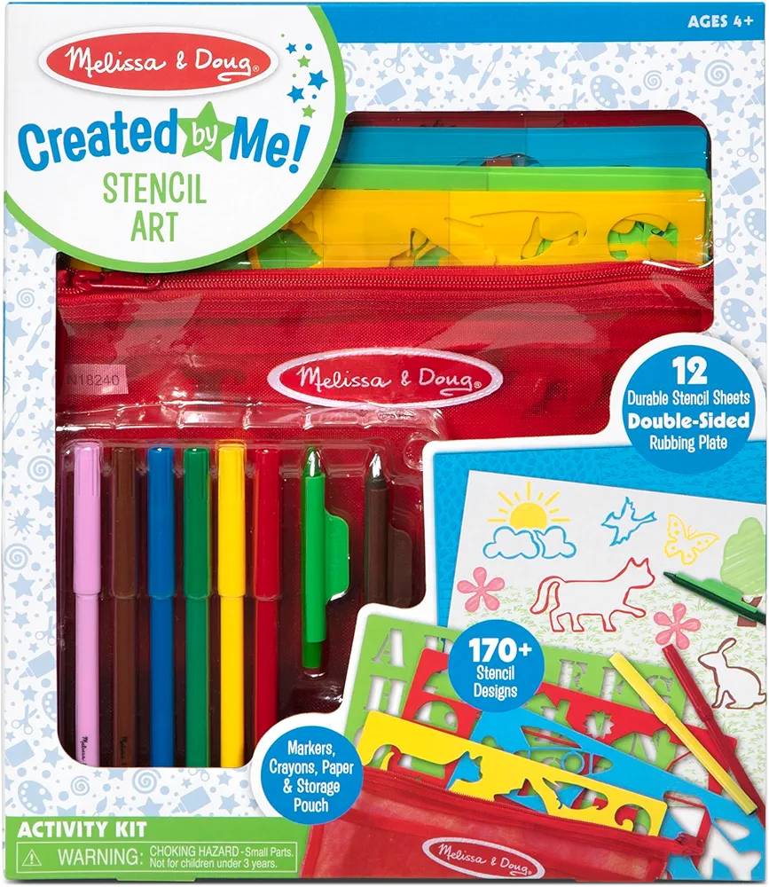 Melissa & Doug Created by Me! Stencil Art Coloring Activity Kit in Storage Pouch - 170+ Designs, 6 Markers, 2 Crayons, Paper - FSC-Certified Materials