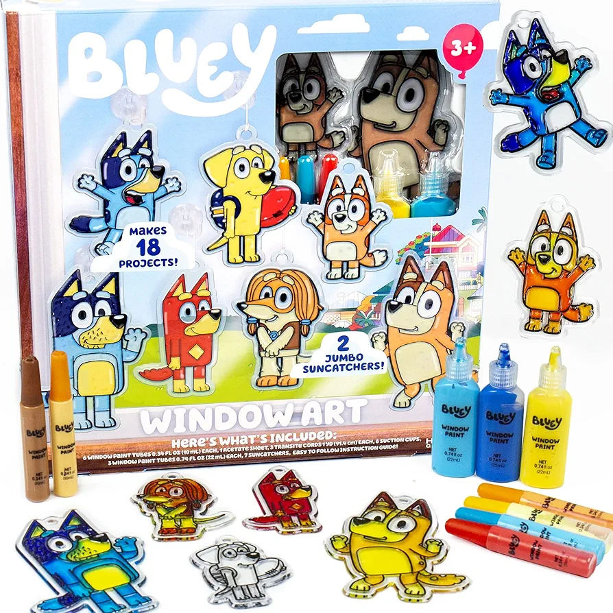 Bluey Window Art Suncatchers Kit for Kids to Paint, Great at-Home Craft Activity or Birthday Party Idea, Toys for Ages 3, 4, 5, 6