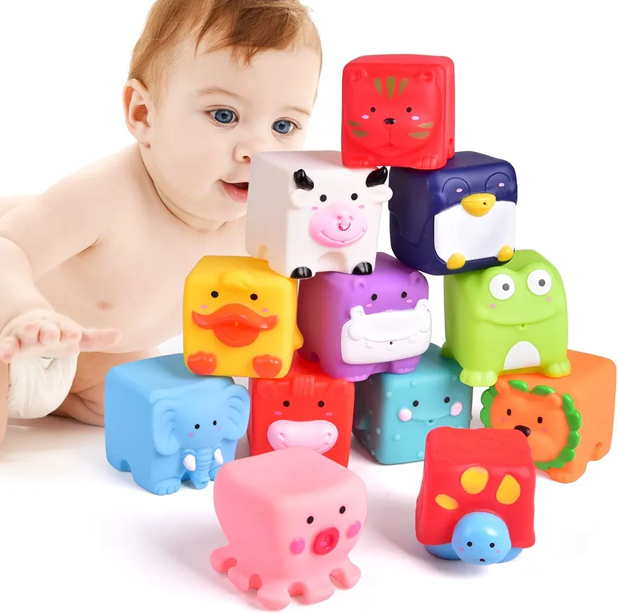 Soft Stacking Blocks for Baby, 12 PCS Soft Blocks Cube Bath Toys Squeeze Water Toys Building Blocks for Toddlers