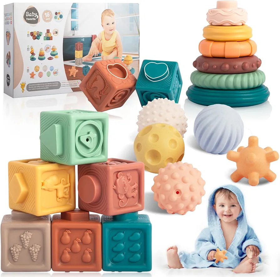 Baby Toys 6 to 12 Months, Montessori Toys for 1 Year Old, Stacking Building Blocks & Sensory Balls & Soft Infant Teething Toys, Newborn Learning Toys for 3-6-9-12 Months, Toddlers Boys Girls Gifts