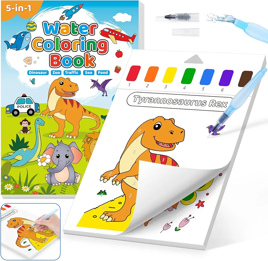 Hollyhi Paint with Water Book for Toddlers, Watercolor Coloring Book for Kids Ages 3 4 5 6 7 8 Years Old Boys Girls, Mess-Free Drawing Arts and Crafts for Kids Travel School Birthday Gifts (Dinosaur)