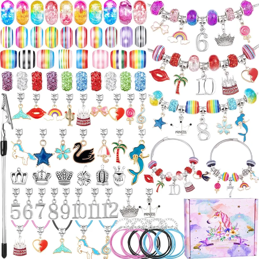 200 Pcs Charm Bracelet Making Kit, Zyehxed Charm Bracelets Jewelry Making Supplies with Unicorn Mermaid age Number Pendant DIY Arts and Crafts Birthday Gift Set for Girls Teens Ages 5 6 7 8 9 10 11 12