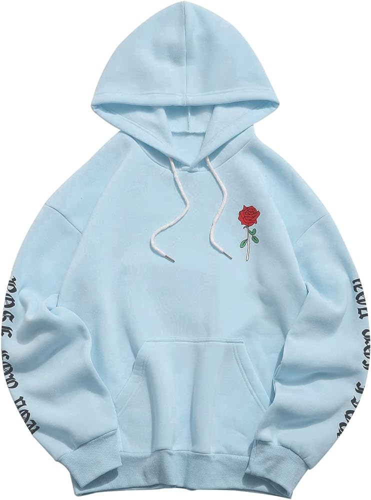 ZAFUL Men's Fleece Hoodie Unisex Rose Letter Print Hooded Pullover Kangaroo Pocket Sweatshirt