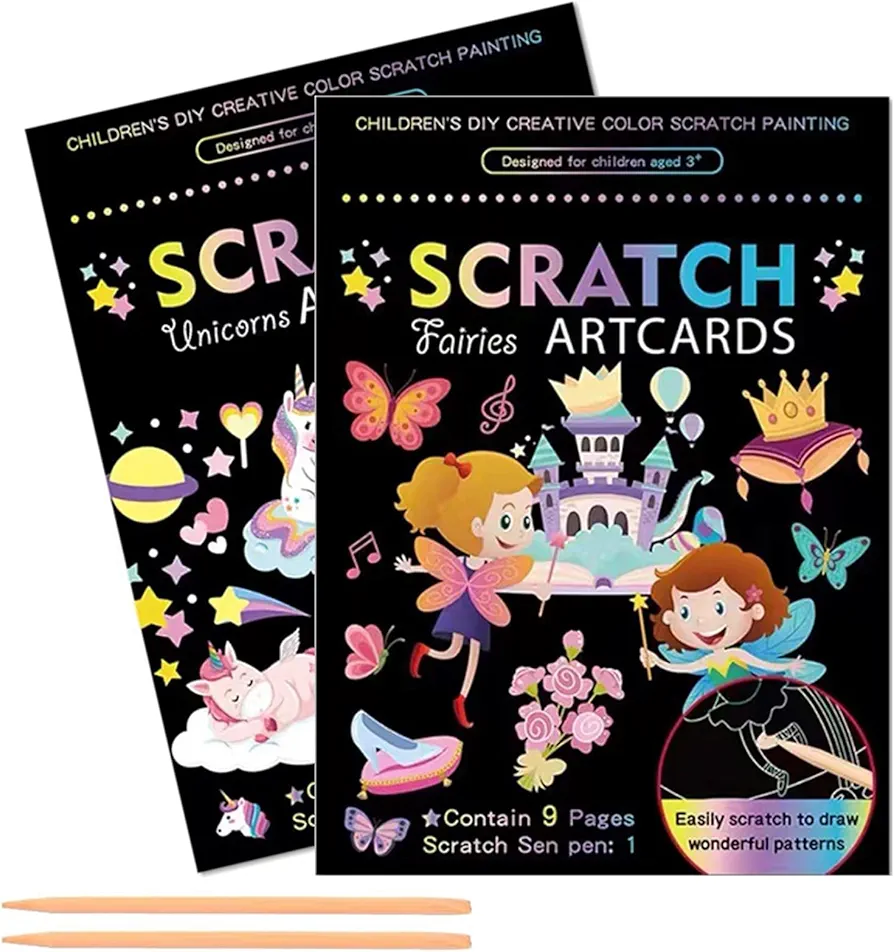 Magical Scratch Art Book for Kids,Unicorns & Princesses,2 Pack Rainbow Magic Scratch Off Paper Set for Kids Arts Crafts,3-12 Year Old Kid Boy Girl DIYToy Gift for Birthday Children's Day Activity.