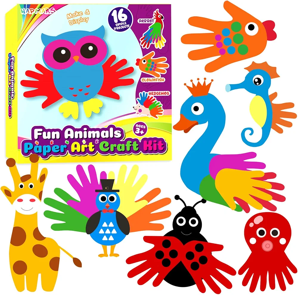 HAPMARS Animal Paper Art Craft Kit for Kid, 16 pcs Make Your own Craft Projects for Boys Girls Kid Age 3 4 5 6 7 8, DIY Art Supplies Activities Party Favor Gifts for Birthday Christmas