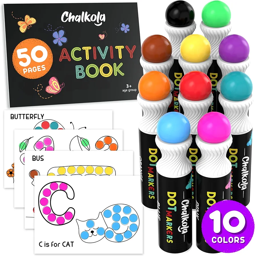 Chalkola 10 Washable Dot Markers for Toddlers - Paint Dotters, Bingo Markers Daubers | Dot Art Markers for Kids & Preschool, Dabbers Dot Paint Marker | Dot Markers for Kids with Free Activity Book