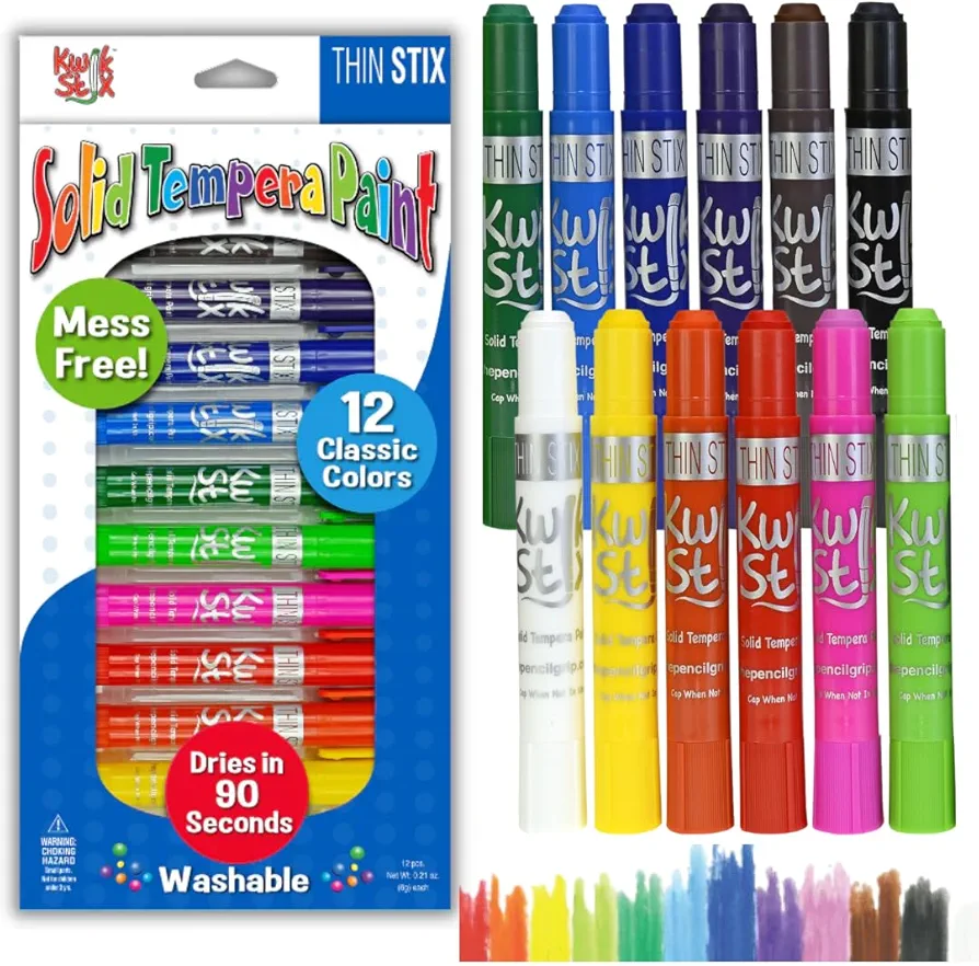 The Pencil Grip Kwik Stix Solid Tempera Paints, Thin Stix Paint Pens, Super Quick Drying, 12 Classic Colors for Children - 12 Pack - TPG-608