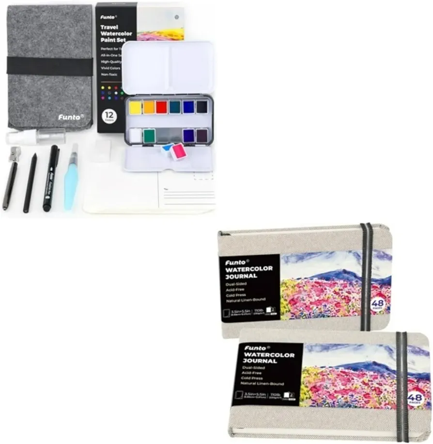 Funto Ultimate Watercolor Travel Set, 2-Pack Cold Press Watercolor Journals (3.5x5.5") and 12-Color Paint with Brushes and Postcards