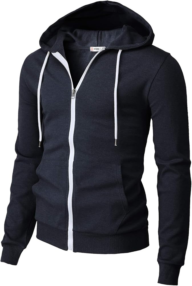 H2H Men's Zip Up Hoodie Lightweight Long Sleeve Basic Slim Fit Cotton SweatShirt with Pocket