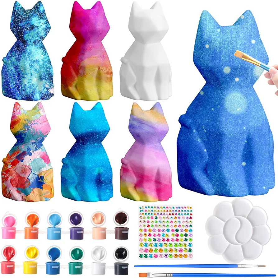 Kittmip 42 Pcs Paint Your Own Cat Lamp Art Kit 5 Inch DIY Geometric Cat Lamp Night Light for Kids Age 3-12 Cat Art Craft Painting Kits Cat Gifts for Birthday Christmas Party DIY Supplies