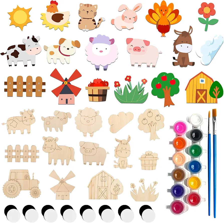 Hokinaa 44Pcs DIY Wooden Magnet - Animals Farm Wooden Magnet Painting Craft Kit Paint Your Own Art and Craft Party Basket Stuffers Party Favors for Boys Girls Classroom Gifts for Kids Ages 8+