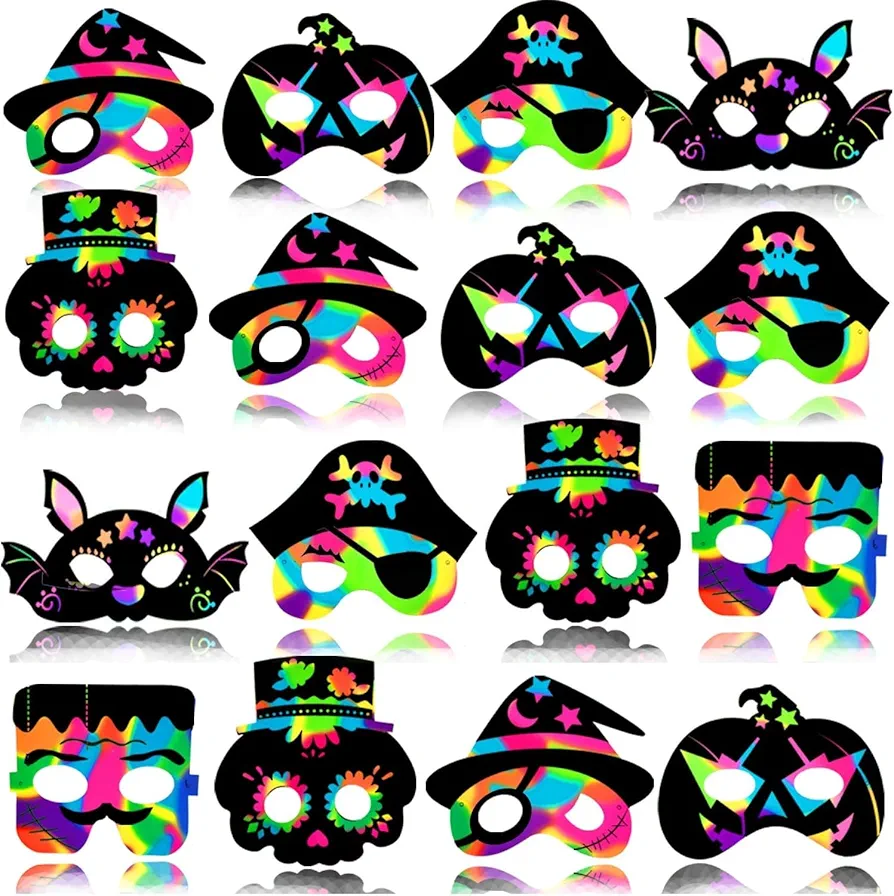 OuMuaMua 30PCS Halloween Rainbow Scratch Mask Art Craft Kit, Bat Witch Pumpkin Zombie Pirate Skull Scratch Paper Art Mask for Halloween Party Crafts Classroom Decorations