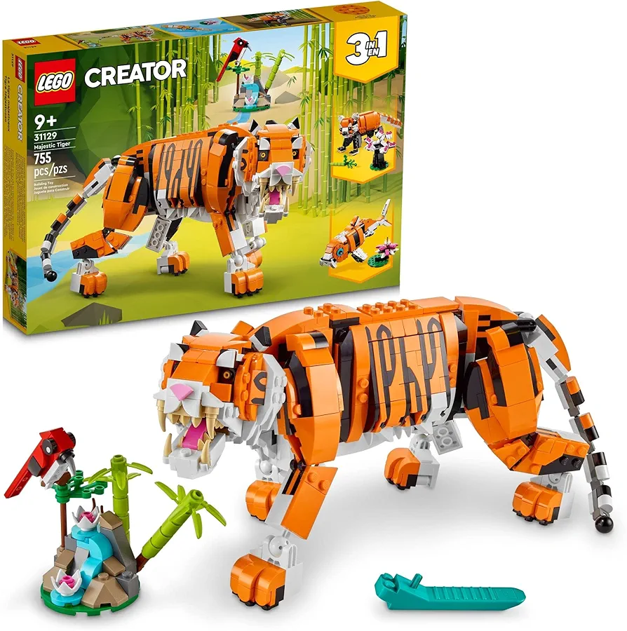 LEGO Creator 3 in 1 Majestic Tiger Building Set, Transforms from Tiger to Panda or Koi Fish Set, Animal Figures, Collectible Building Toy, Gifts for Kids, Boys & Girls 9 Plus Years Old, 31129