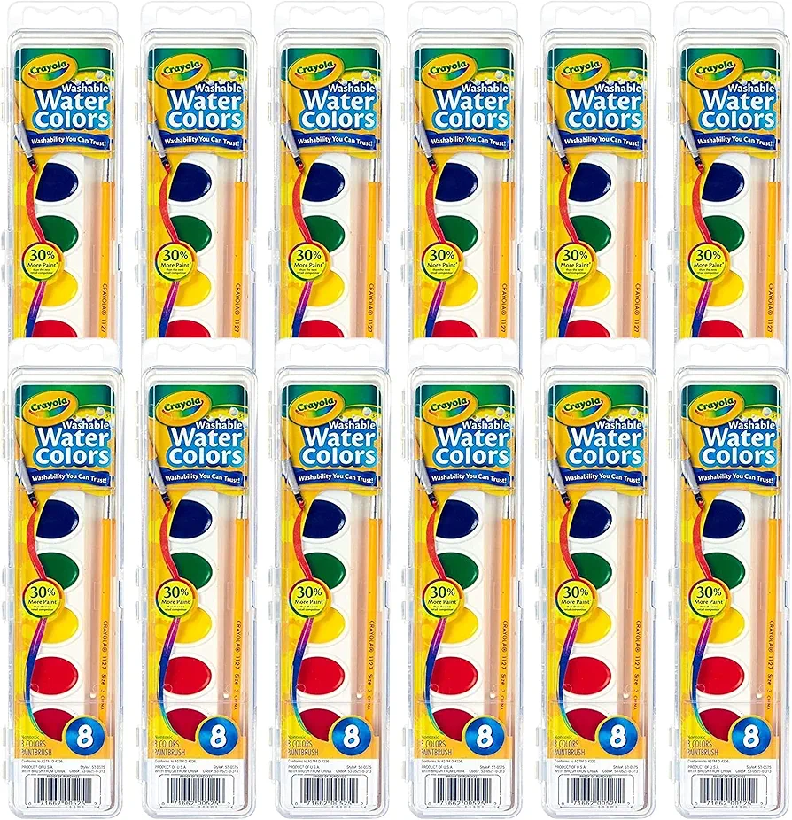 Crayola Washable Watercolor Paint Sets for Kids (12ct), Classroom Arts & Crafts, Bulk Classroom Paint for Kids, 8 Colors, 3+