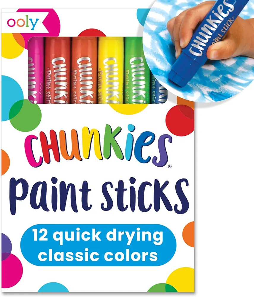 Ooly Chunkies Quick Drying Tempera Paint Sticks for Kids, Classic Colors, Set of 12 Twistable Kids Paint Sticks for Toddlers 2-4 Years, Mess Free Chubby Toddler Paint Sticks [12 Classic Colors]