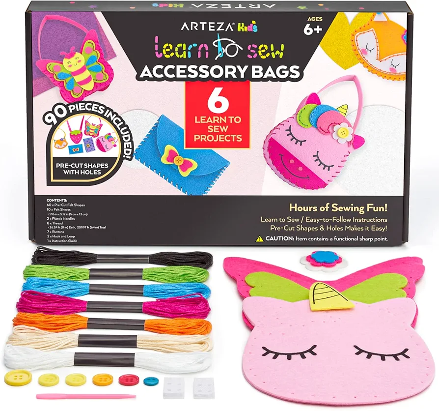 ARTEZA Kids Hand Sewing Kit, 6 Learn to Sew Accessory Bags, 90 Pieces