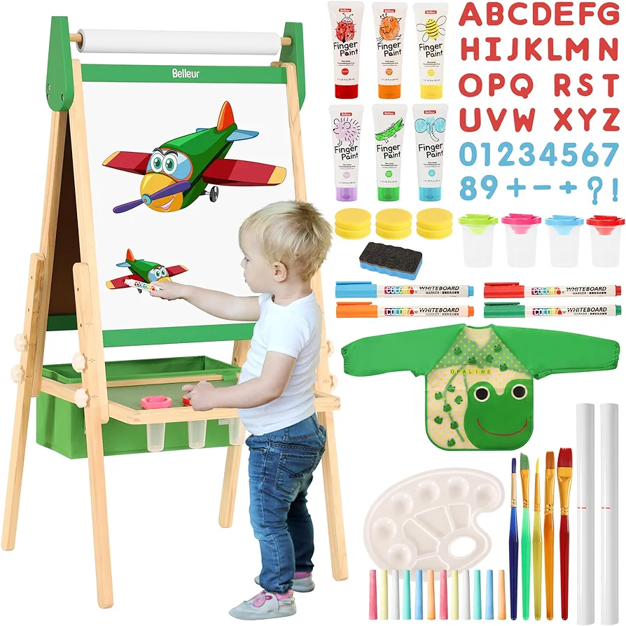 All-in-One Art Easel for Kids with 2 Paper Rolls & Deluxe Accessories, Adjustable Magnetic Double Sided Whiteboard & Chalkboard, Painting Kid Easel for Toddlers 2-8, Ideal Christmas Gift