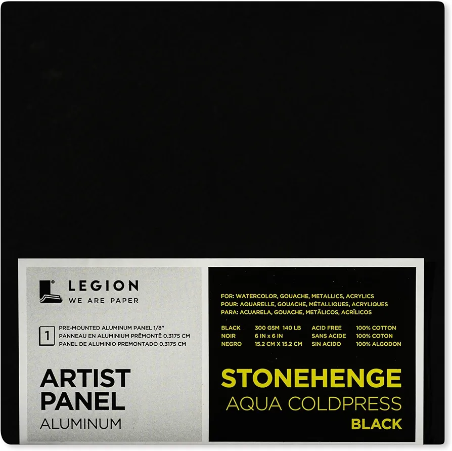 Legion Artist Panel, 1/8" Composite Brushed Aluminum with Stonehenge Aqua Coldpress Black, 100% Cotton, 140lb Paper, 6 x 6 inches for Wet Media